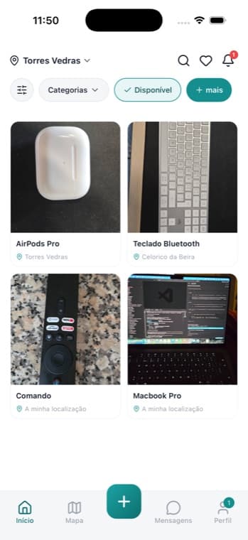 Interface da app Uzee a mostrar artigos doados gratuitamente perto de ti em Portugal